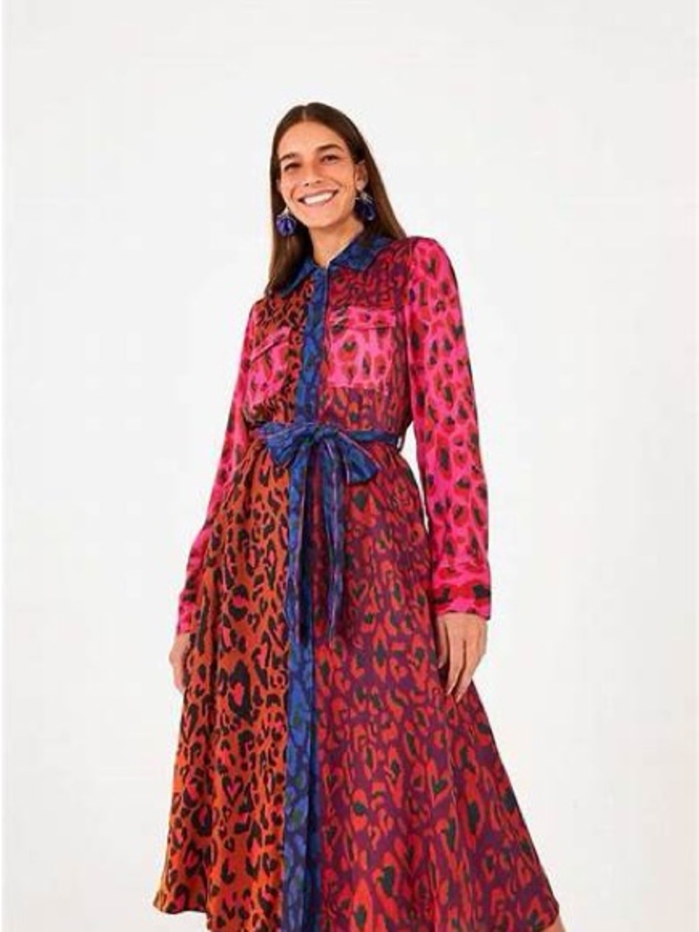 Farm Rio Vibrant Pink & Red Animal-Print Tie-Waist Shirt Dress